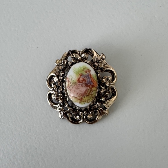 Jewelry - Vintage Silver Brooch with Painted Scene
